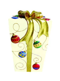 Decorative Lit Fiberglass Gift Box With Ornament Design -Winter Decor Market Fiberglass Present White Ornaments