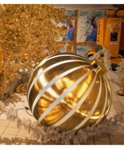 Floor Display Giant Striped Round Inflatable Ornaments - 2 Sizes -Winter Decor Market GiantGoldWhiteStripedInflatableChristmasOrnamentDecor