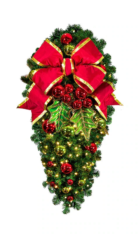 Decorated 4' Holly Leaf Spray With 18" Red Bow 3 Decorated 4' Holly Leaf Spray With 18" Red Bow
