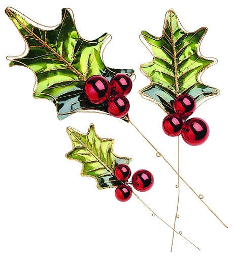 Metal Holly Leaves With Ornament Berries (Set Of 2) 3 Metal Holly Leaves With Ornament Berries (Set Of 2)