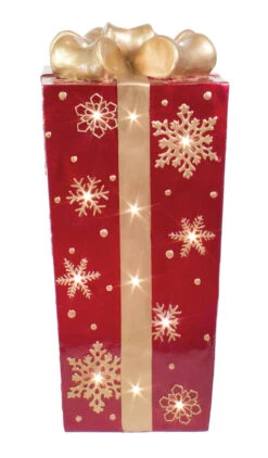 Decorative Lit Fiberglass Gift Box With Snowflake Design -Winter Decor Market lit gift box snowflakes red 2
